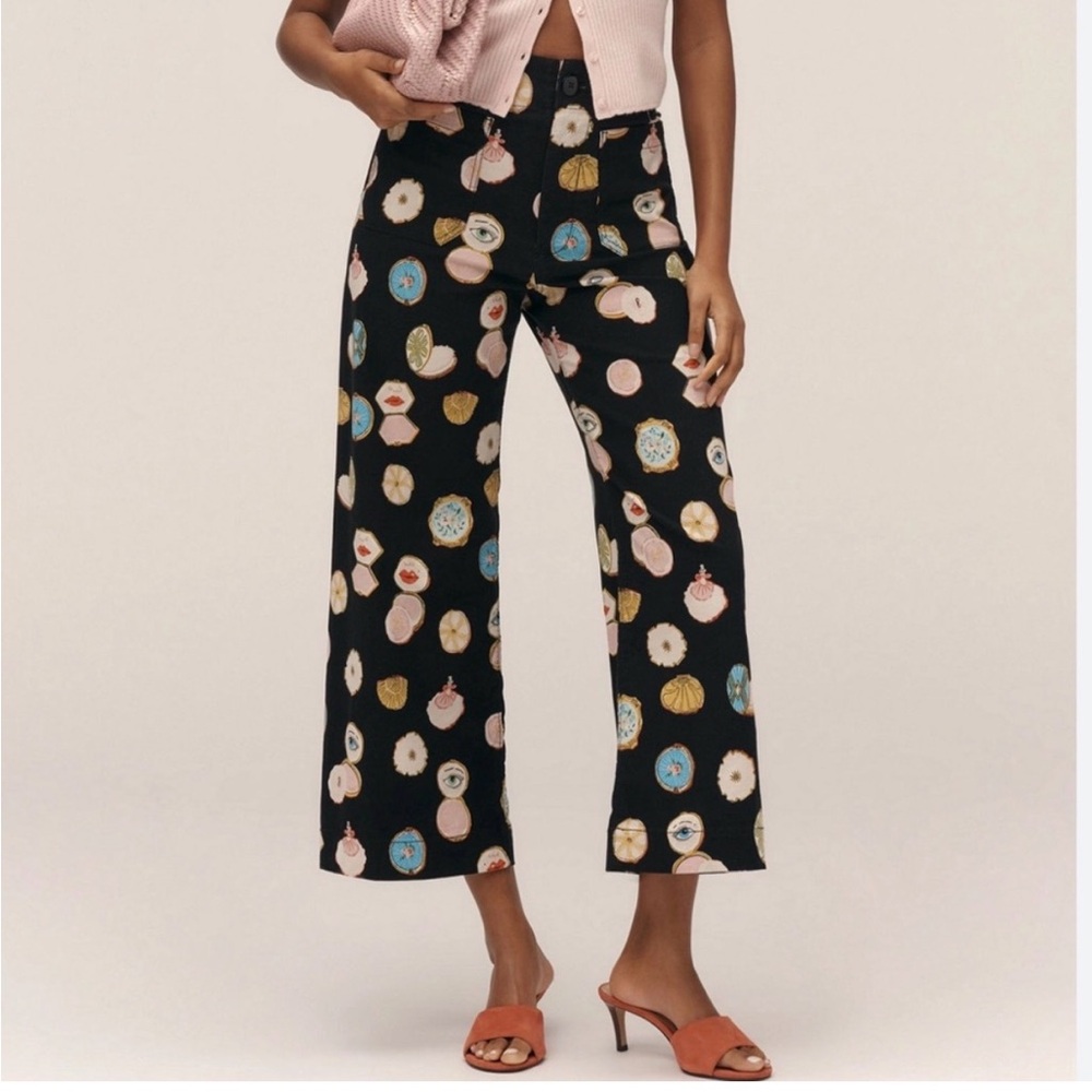 NWT Anthropologie Colette Crop Wide Leg 32 Maeve Danielle Kroll Novelty Print